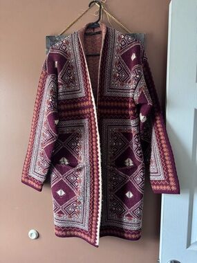 Boho Aztec Knit Open Cardigan - Burgundy & Rust